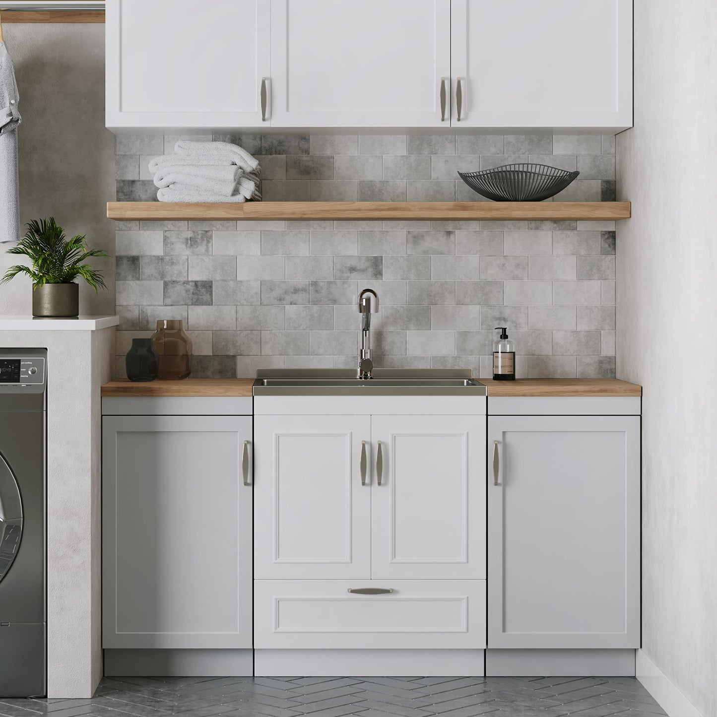 SIMPLIHOME Cardinal All-in-One 28 inch Wide Utility Sink and Laundry Cabinet in Pure White Finish, Transitional Stainless Steel Sink Cabinet for Laundry Rooms with Pull-Out Brushed Nickel Faucet