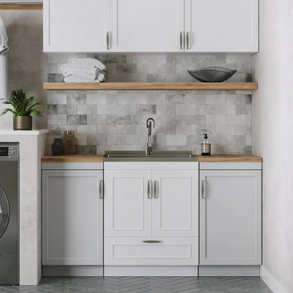 SIMPLIHOME Cardinal All-in-One 28 inch Wide Utility Sink and Laundry Cabinet in Pure White Finish, Transitional Stainless Steel Sink Cabinet for Laundry Rooms with Pull-Out Brushed Nickel Faucet
