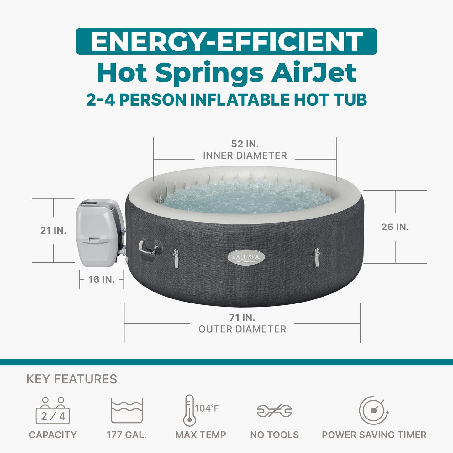 Bestway SaluSpa Hot Springs Inflatable Hot Tub, Fits Up to 2-4 Persons, Energy-Efficient Portable Spa, Outdoor Blow Up Hottub for Backyard, 120 AirJets, 71" x 26" Round