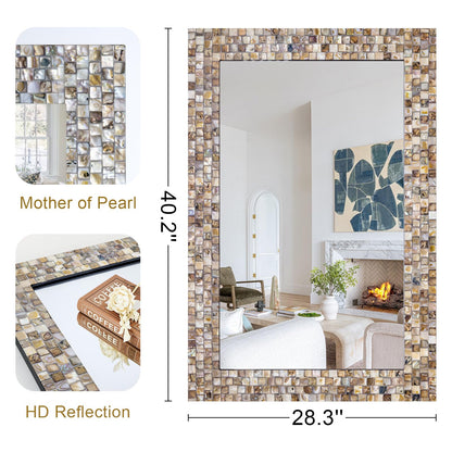 Large 36''x24'' Bathroom Mirror with Mosaic Frame, Modern Decorative Mirror with Handcrafted Mother of Pearl, Rectangular Wall Mounted Mirror for Entryway, Living Room, Fireplace Coastal Style