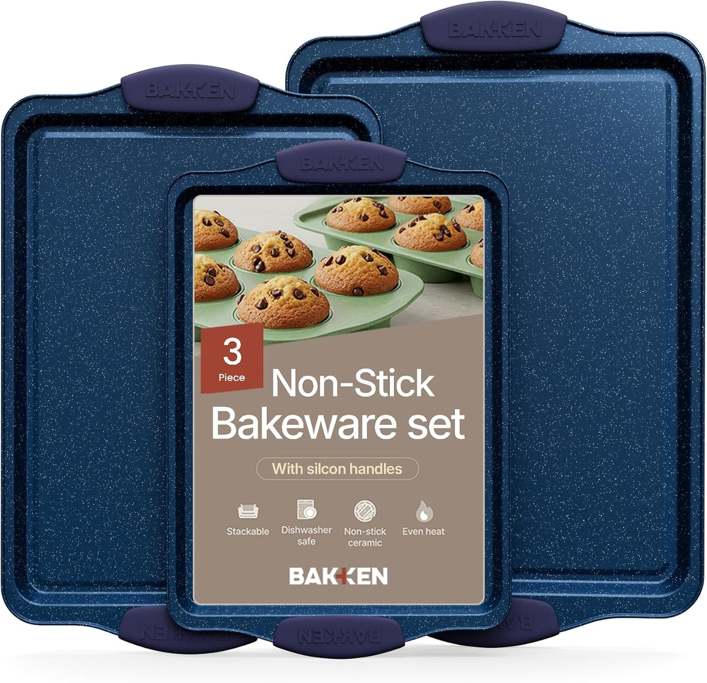 Set Sets 450 Set 3 BAKKEN Kitchen Baking Pan - Nonstick Coating, Carbon Steel Bakeware with Blue Silicone Handles