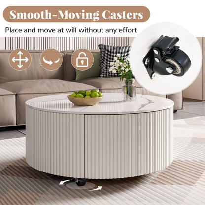 Merax 29.5" Round Fluted Coffee Table for Living Room, Movable Accent Table with Casters and 2 Storage Drawers, Marble Pattern Sintered Stone Top, White