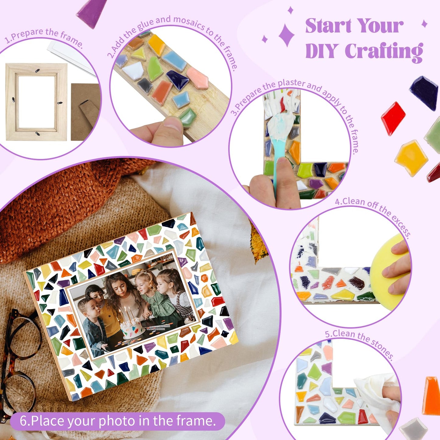 goldentime Decorate Your Own Mosaic Picture Frame - DIY Mosaic Craft Kits Fun Arts and Crafts for Adults Christmas Valentine Birthday Mother’s Day Gifts