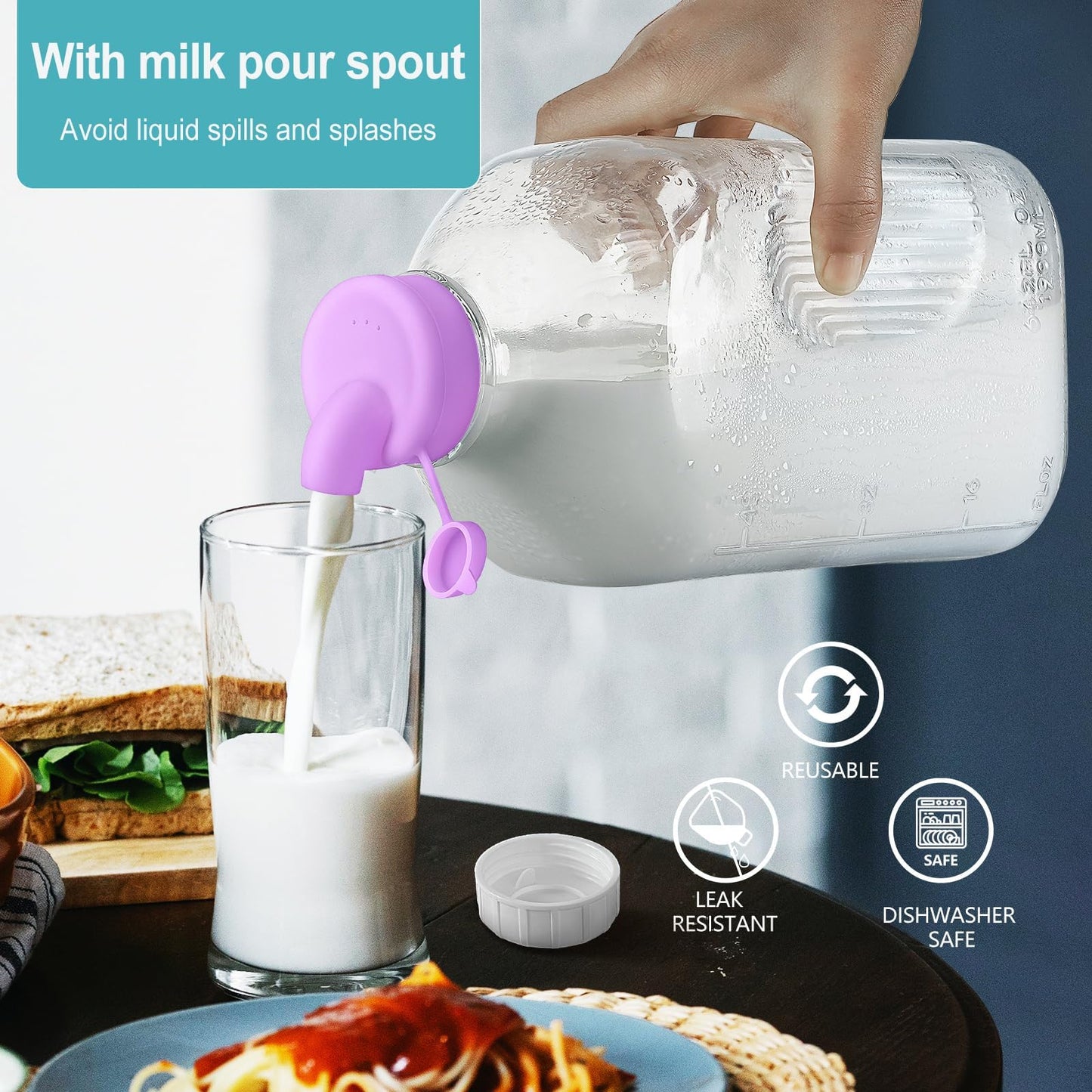Ritayedet 64 Oz Heavy Duty Glass Milk Bottle with Reusable Airtight Strong SCREW LID - 1/2 Gallon Water Bottles with Scale Lines - 2 Qt Glass Milk Jug Pitcher - Extra Gaskets & Handle!