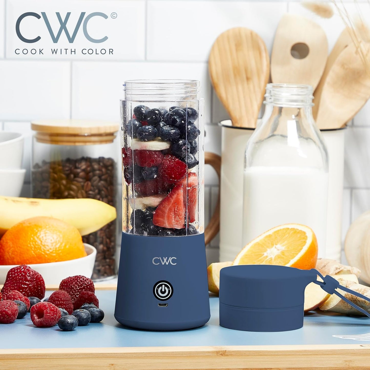 COOK WITH COLOR Mini Portable Blender - 250W Power, 12oz Capacity, Wireless/USB Rechargeable, Stainless Steel Blade