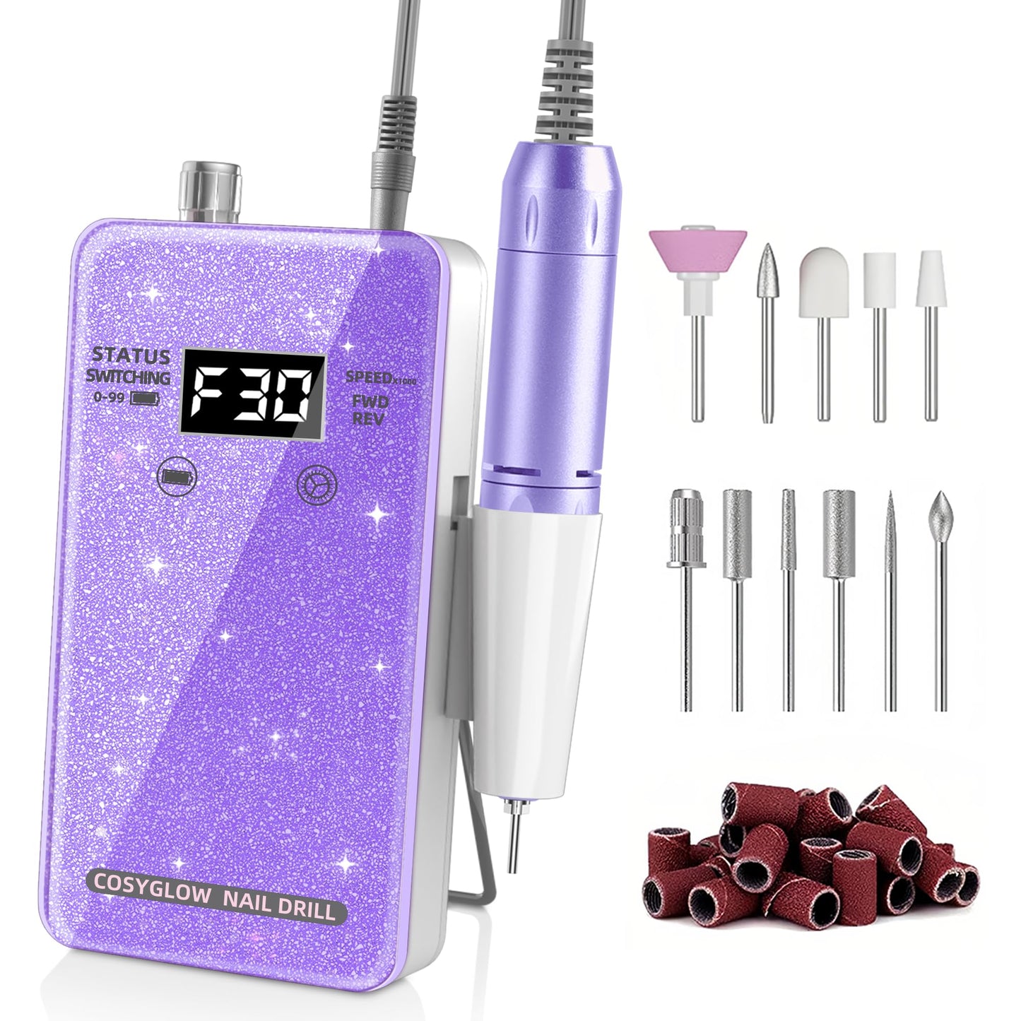 Professional Electric Nail Drill File:COSYGLOW Glitter Portable Cordless E-File Nail Drill Kit with 11 Drill Bits,30000 RPM Rechargeable Nail Drills Machine for Acrylic Nails Gel Polishing (Pink)