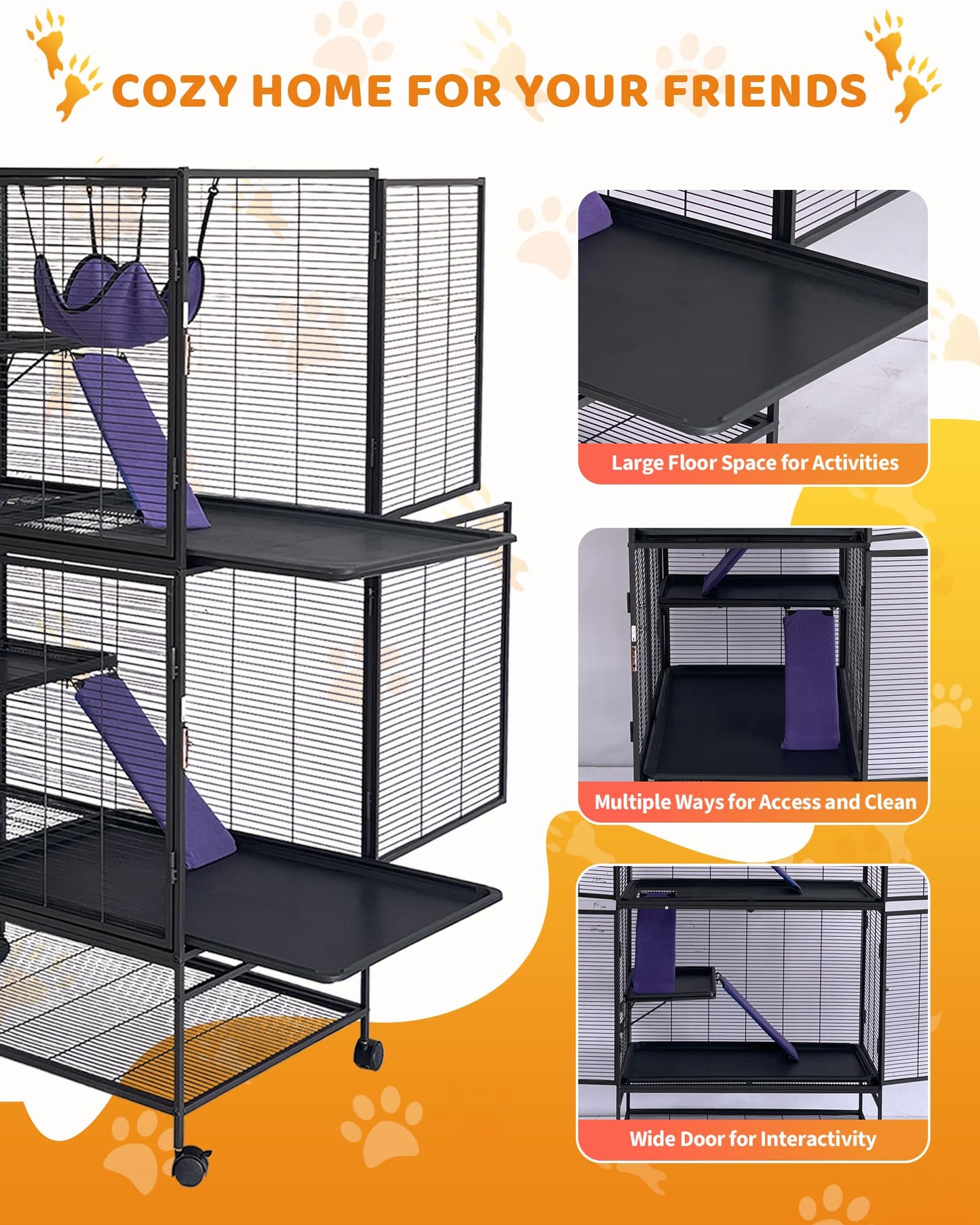 Garvee Metal Small Animal Cage,64 in H Ferret Cage for Small Animals - 4 Tier Large Hamster Cage with Removable Ramp, Hammock, Extra Storage Stand,Removable Tray for Ferret, Chinchilla, Hamster