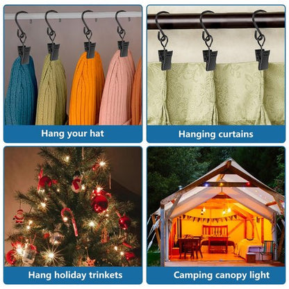 BXUYAOXMC 100-Pack Heavy Duty S Hooks with Clips, 2.36 Inch Metal String Light Clips for Outdoor Patio, Rust-Proof Curtain Hooks for Hanging Christmas Lights, Party Decor, Gutters, Awning - Black