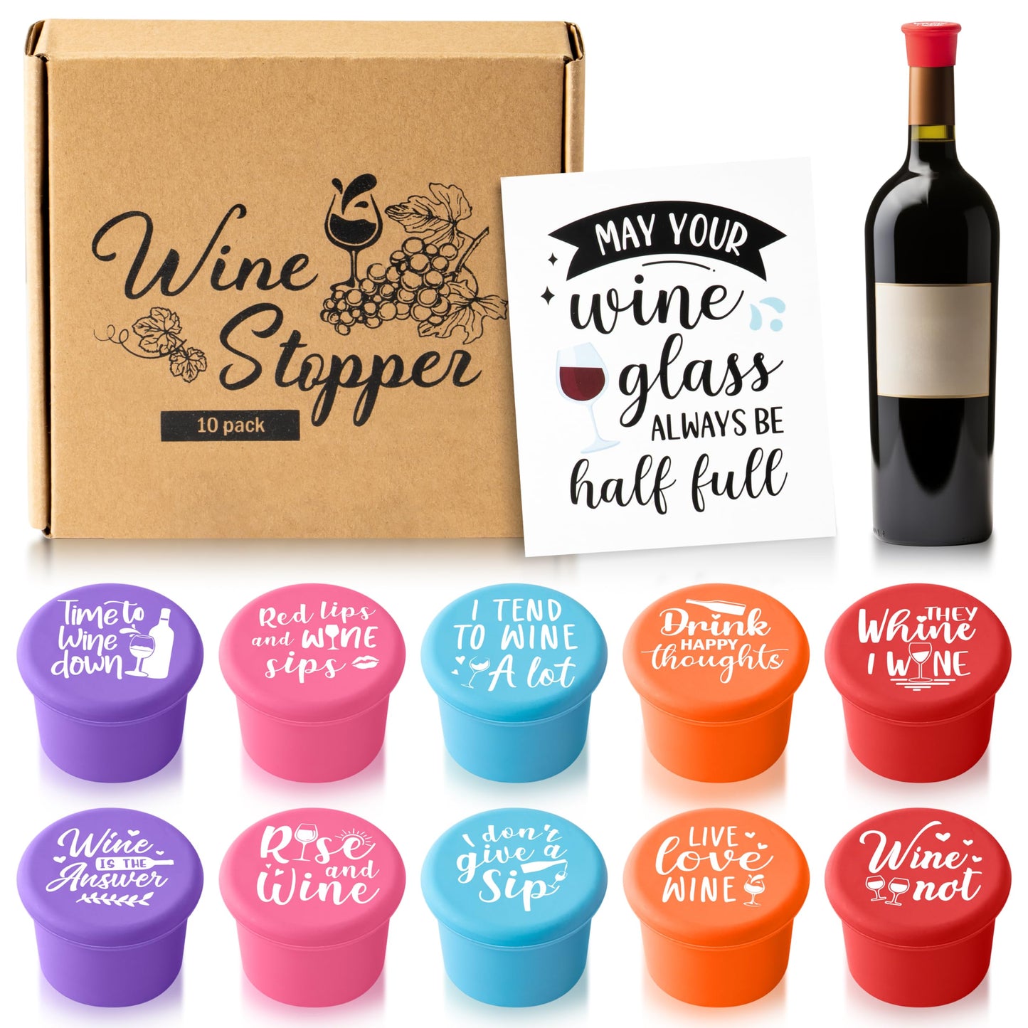 GROBRO7 10Pcs Wine Stoppers Set Funny Live Love Wine Pattern Silicone Bottle Covers Gift for Women, Reusable Beverage Corks Strong Sealing Liquor Accessories for Outdoor Picnic Barbecues Party Bars