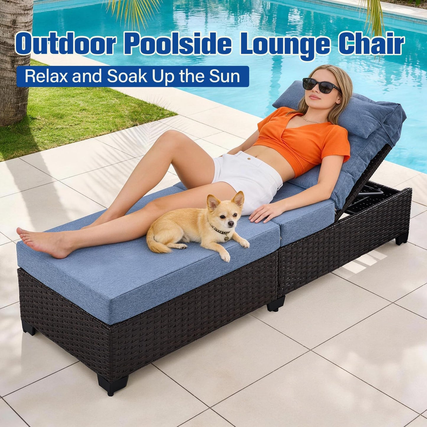 Ligescel Outdoor Chaise Lounge Chair, Patio Rattan Adjustable Recliner with 5-Inch Thick Cushion, Heavy Duty Metal Lounger for Pool Beach Yard (Blue)