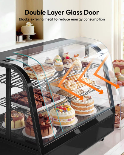 ICEVIVAL Certified Commercial Refrigerator, 3.6 Cu.Ft Countertop Refrigerator Refrigerated Display Case with Curved Glass & Auto Defrost, Freestanding Bakery Display Case for Cafe & Restaurant