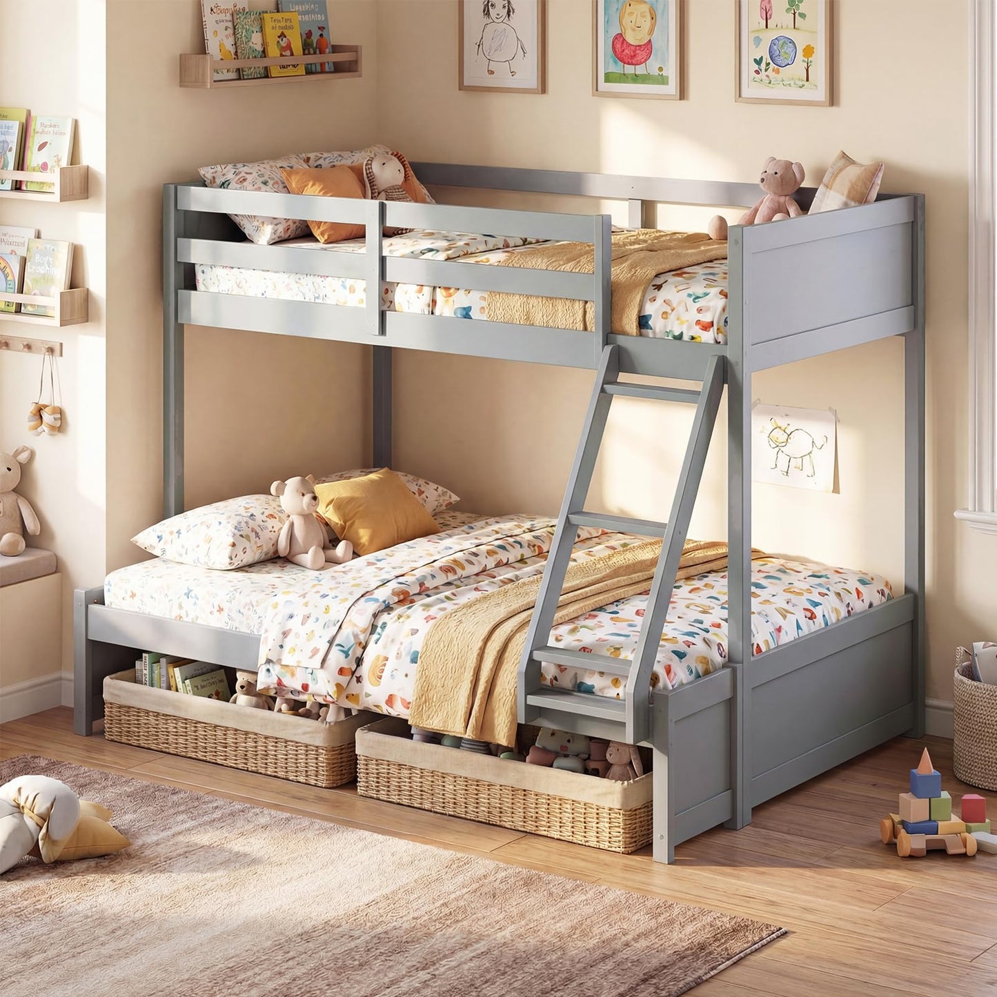 Giantex Twin Over Fulll Bunk Bed, Wood Bunk Bed with Full-Length Guardrails, Ladder, Under-Bed Storage Space for Dormitory, Bedroom, Apartment, Two Bed Frame with Slats for Teens, Kids, Adults, Grey
