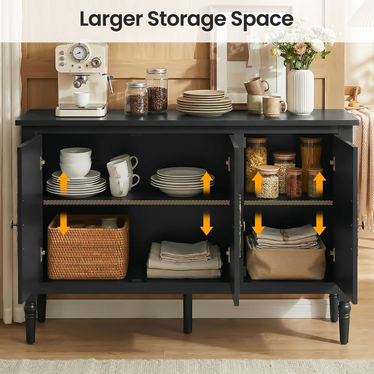 RoyalCraft Buffet Cabinet with 3 Doors, Mid-Century Modern Sideboard with Storage, Painted Wood Coffee Bar Table with Adjustable Shelves, Credenza Cabinets for Kitchen, Living Room, Dining Room, Black