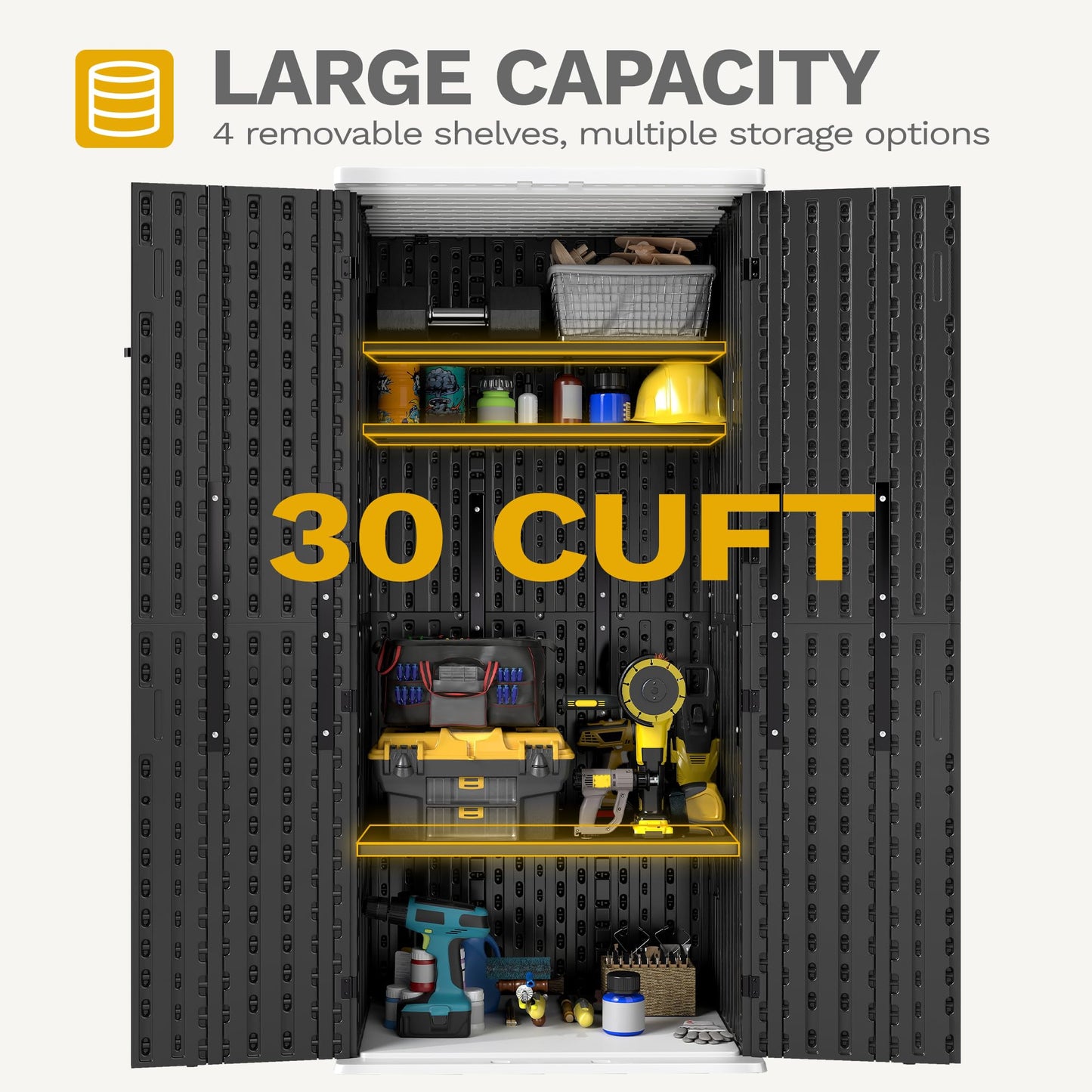DWVO Outdoor Vertical Storage Cabinet with 4 Shelves, Waterproof Tall Plastic Storage Shed with 4 Adjustable Shelf, 30 cu. ft. Patio Tools Storage Box for Patio, Garden, Backyard, Deck, Dark Gray