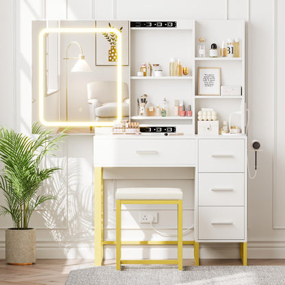57'' Large Vanity Desk with Mirror & Lights, Makeup Vanity Table with Charging Station,