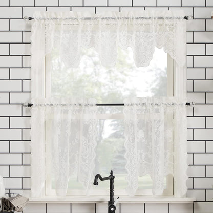 No. 918 Alison Floral Lace Sheer Rod Pocket Kitchen Curtain Tier Pair, 58" x 36", Ivory Color