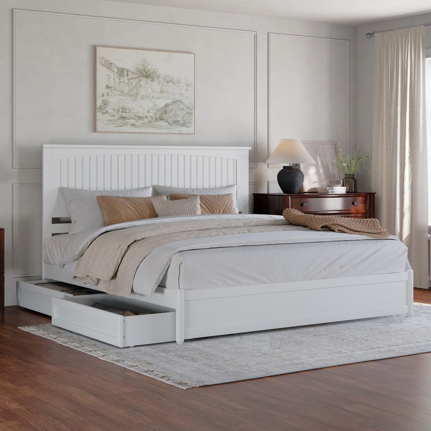 AFI, Malta King Platform Bed with Panel Footboard and Storage Drawers, White