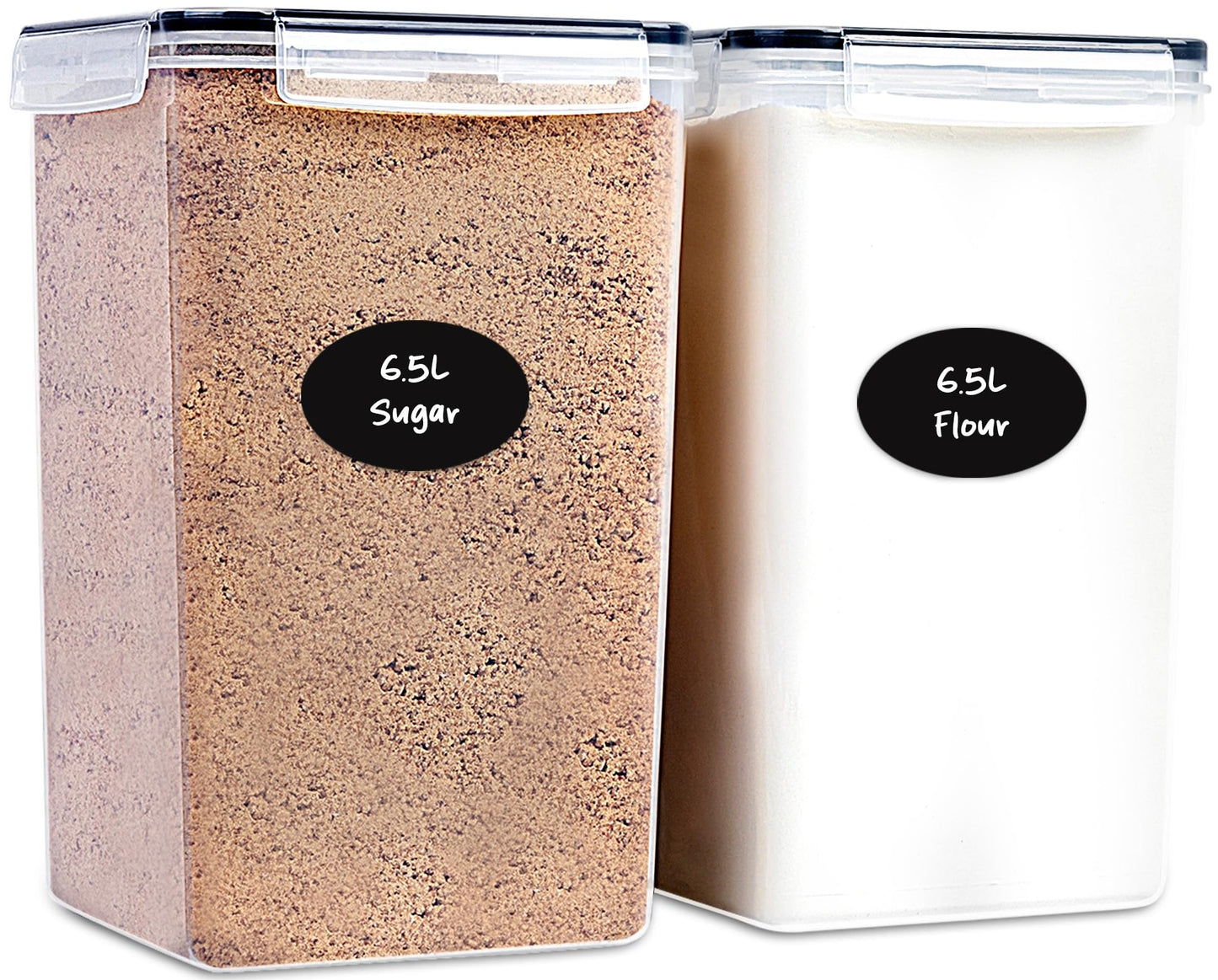 Extra Large Flour and Sugar Storage Containers 6.5L/220 Fl. oz; Set of 2 Plastic Bulk Airtight Food Storage Rice Containers With Lids - Kitchen Pantry Organizer and Storage Canisters, Marker & Labels