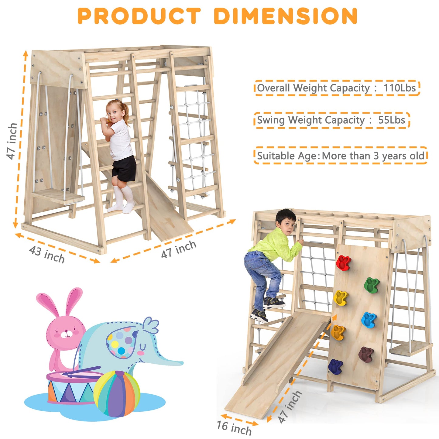 Indoor Jungle Gym, Toddler Climbing Toys Indoor, Indoor Playground Climbing Toys for Toddlers, Climber Playset with Slide, Climbing Rock/Net, Monkey Bars, Drawing Board, Abacus Game and Swing
