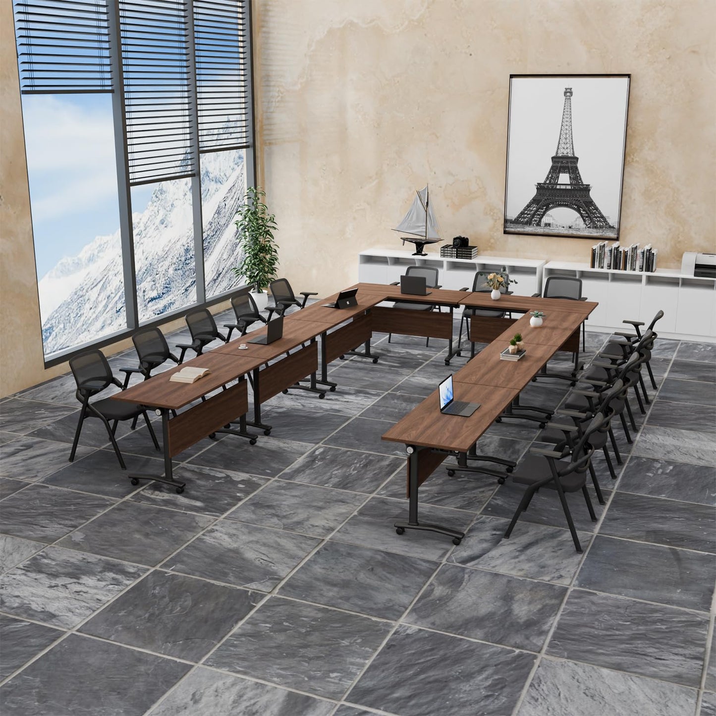 Flip-Top Folding Conference Table with Wheels, Modular Conference Room Table Training Room Tables, Mobile Meeting Tables for Office, Seminar Spaces, Classroom Desk, Locking Casters, Set of 2/4/6/8