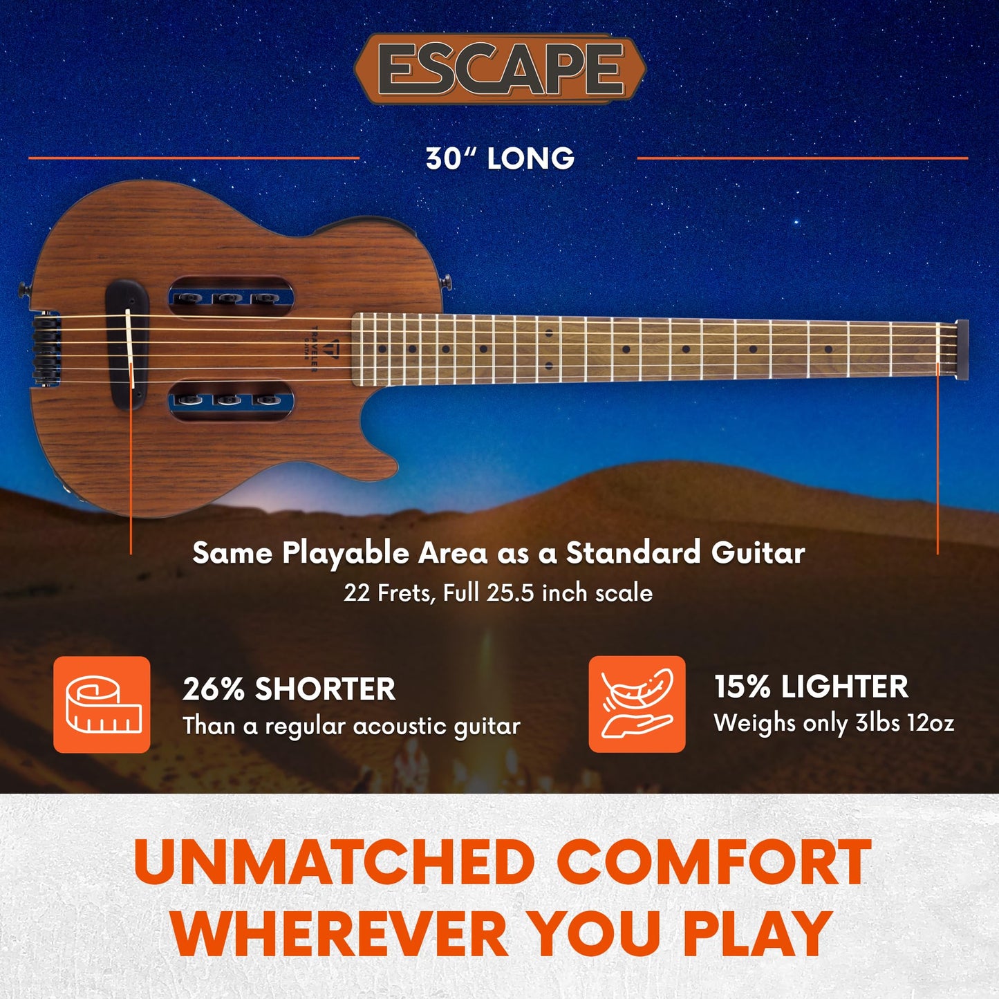 Traveler Guitar Escape Mark III Mahogany Acoustic Guitar | Portable Acoustic with Built-in Headphone Amp | Full 25.5" Scale Headless Guitar | Custom Gig Bag Included