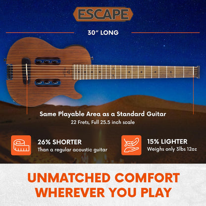 Traveler Guitar Escape Mark III Mahogany Acoustic Guitar | Portable Acoustic with Built-in Headphone Amp | Full 25.5" Scale Headless Guitar | Custom Gig Bag Included
