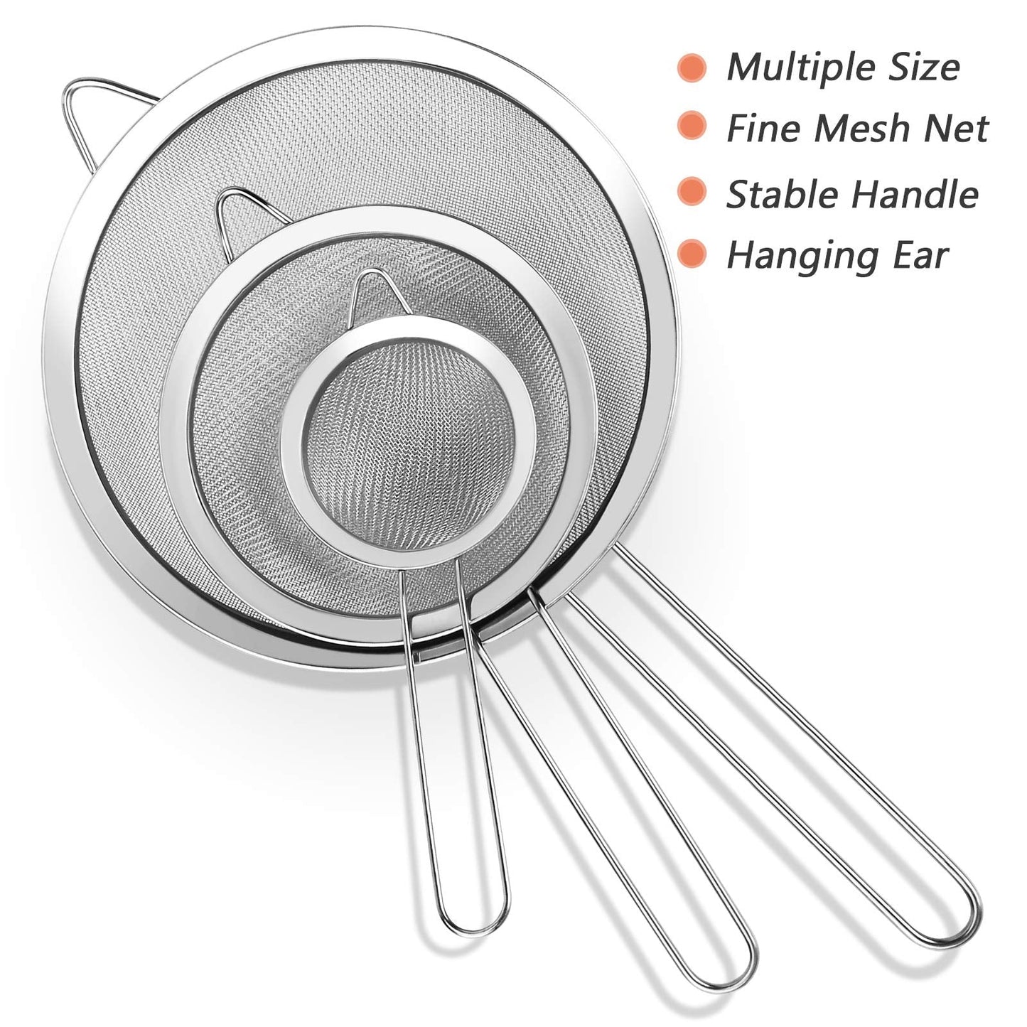 3Pcs Super Wire Extra Fine Mesh Strainer with Handle, Small Medium Large Size Sifter Metal Strainer Set, Stainless Steel Sieve Fine Mesh Strainers for Kitchen Rice Juice Quinoa Food Flour Baking YLYL