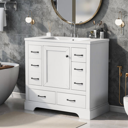 36" Bathroom Vanity Cabinet with Sink Set w/Painted Solid Wood Legs, Undermount Ceramic Top, Multi-Functional Drawers, Storage Dividers, White