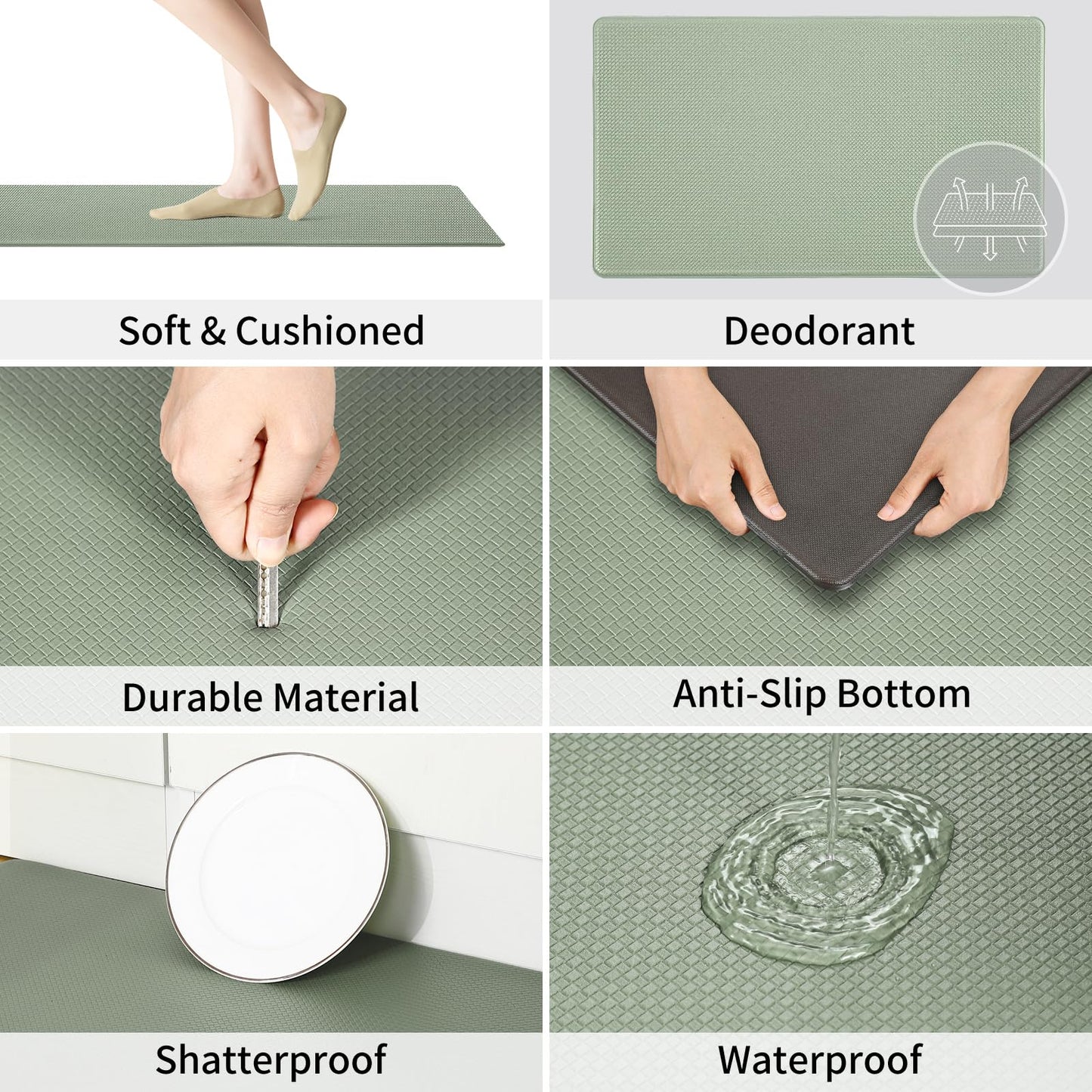 AUTODECO Kitchen Mats and Rugs Set of 2 - Cushioned Anti-Fatigue Kitchen Rug for Floor Washable 17"x29" +17"x59", Light Green