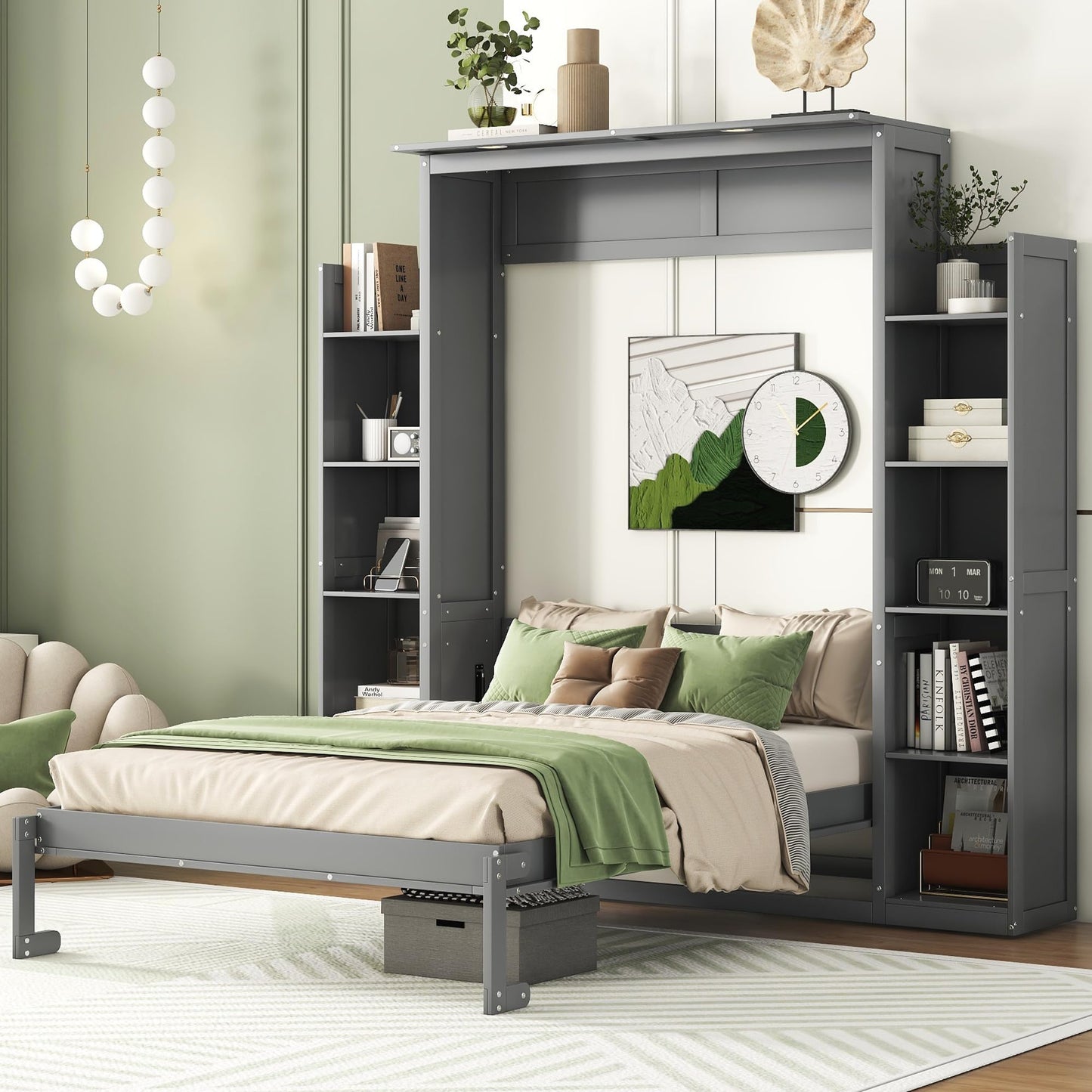 Merax Full Size Murphy Bed with 2 Five-Layer Cabinet, Modern Wall Bed with Shelves and LED Lights, Foldable Wood Platform Bed Folded into Cabinet for Guest Room, Home and Office, Grey