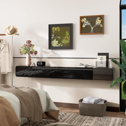 FurniNova 70'' Floating TV Stand with Drawers, Wall Mounted TV Console, High-Gloss Floating Entertainment Center Under TV Shelf for Living Room Bedroom,Fully Assembled,Black