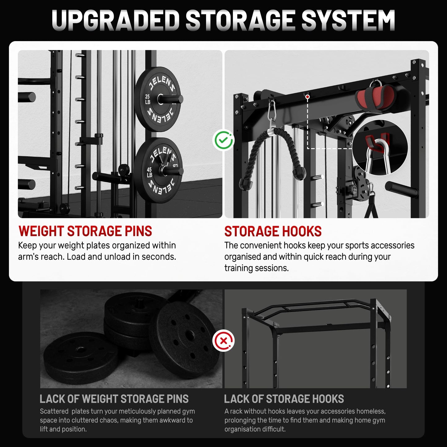 JELENS Smith Machine for Home Gym, Multi-Function M12 Power Cage, Squat Rack with Smith Bar and More Attachment (Black, Weight Bench Package)