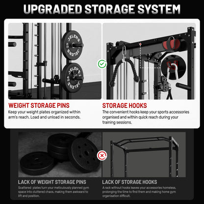 JELENS Smith Machine for Home Gym, Multi-Function M12 Power Cage, Squat Rack with Smith Bar and More Attachment (Black, Weight Bench Package)