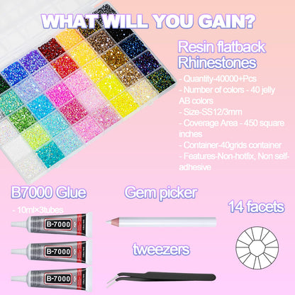 40000+Pcs Resin Jelly Rhinestones for Bedazzling Kit, 3mm Multicolor Flat Back Gems Bedazzler Kit with 3Pcs 10ml B7000 Jewelry Glue, Colorful Bulk Jewels for Diamond Nail Art