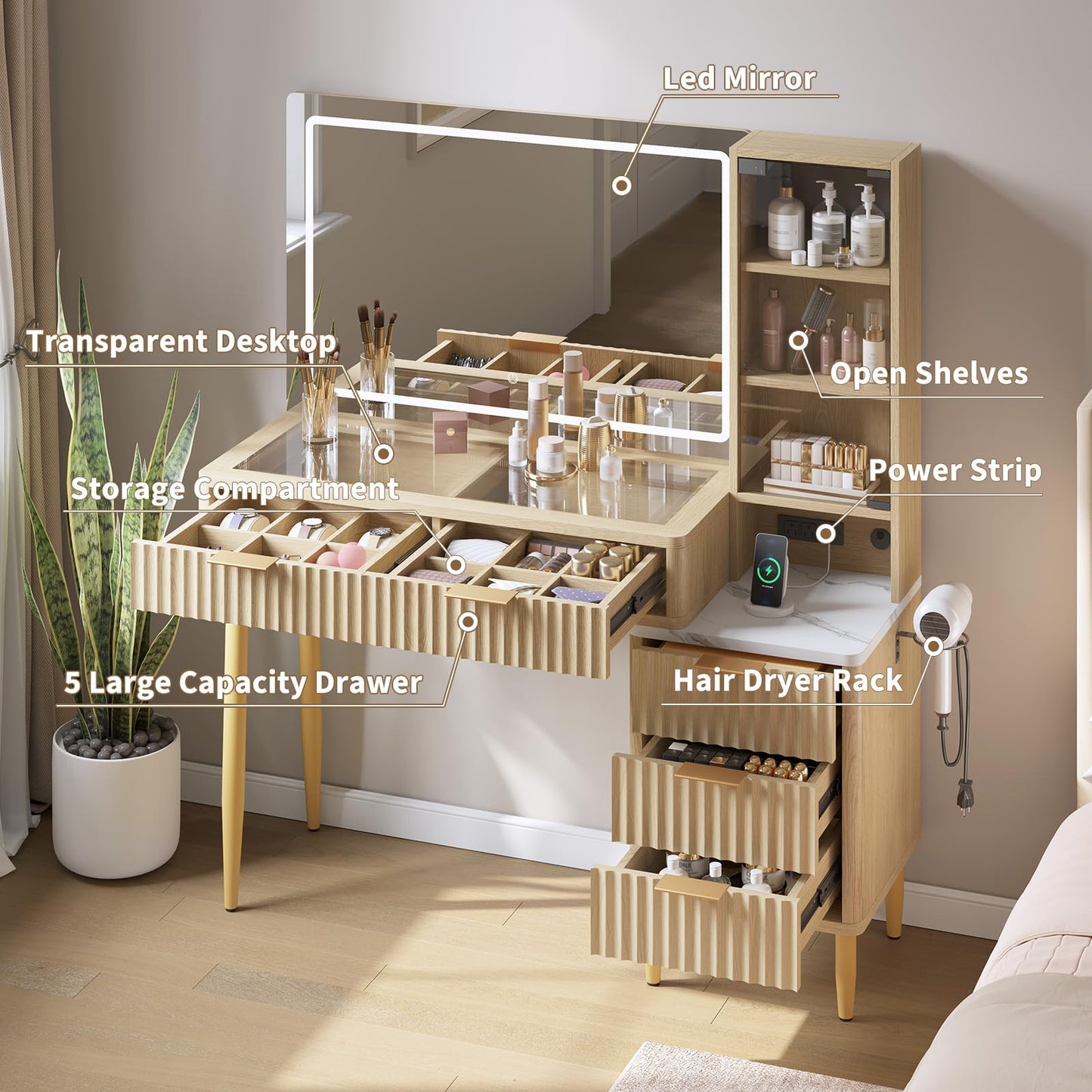 GarveeHome Makeup Vanity Desk with Lights, Fluted Wooden Dressing Table with 5 Drawers and Adjustable Shelves, Makeup Vanity Table Modern Glass Top with Charging Station for Bedroom (Oak)