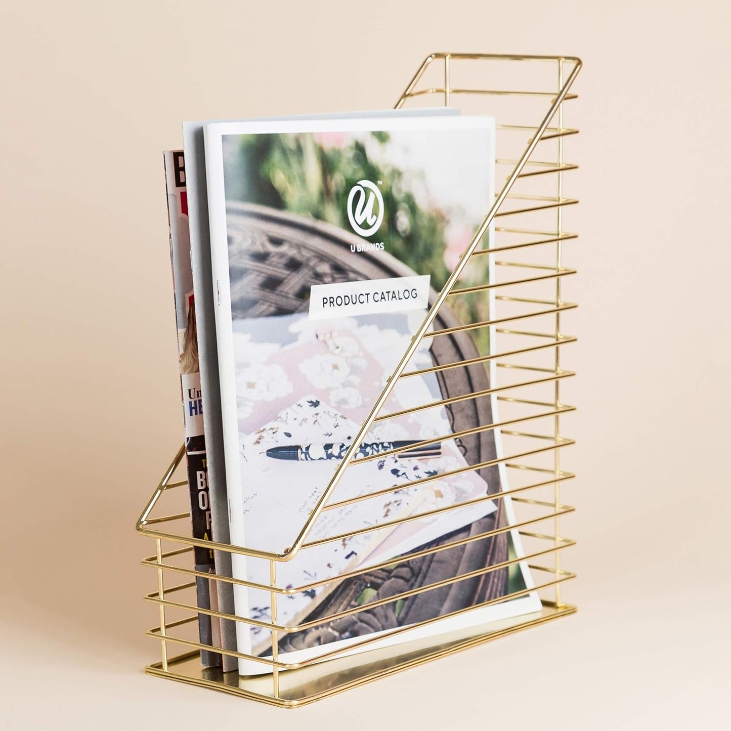 U Brands Gold Metal Magazine Holder, Desktop Accessory from the Vena Collection for Organizing Papers and Magazines