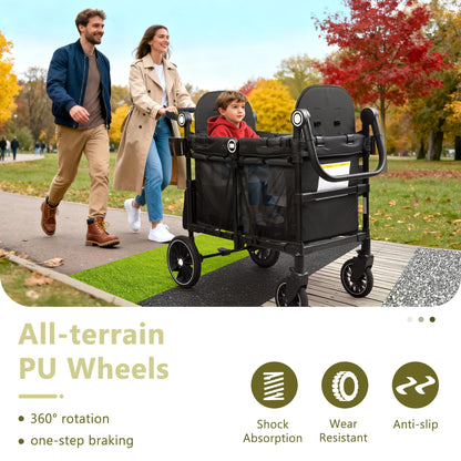 Kinder King Wagon Stroller for 2 Kids, All-Terrain Foldable Outdoor Stroller Wagon 2 Seater, Removable Canopy, Adjustable Handle, Shock-Absorbing Wheel, Detachable Tray, Large Storage, Black