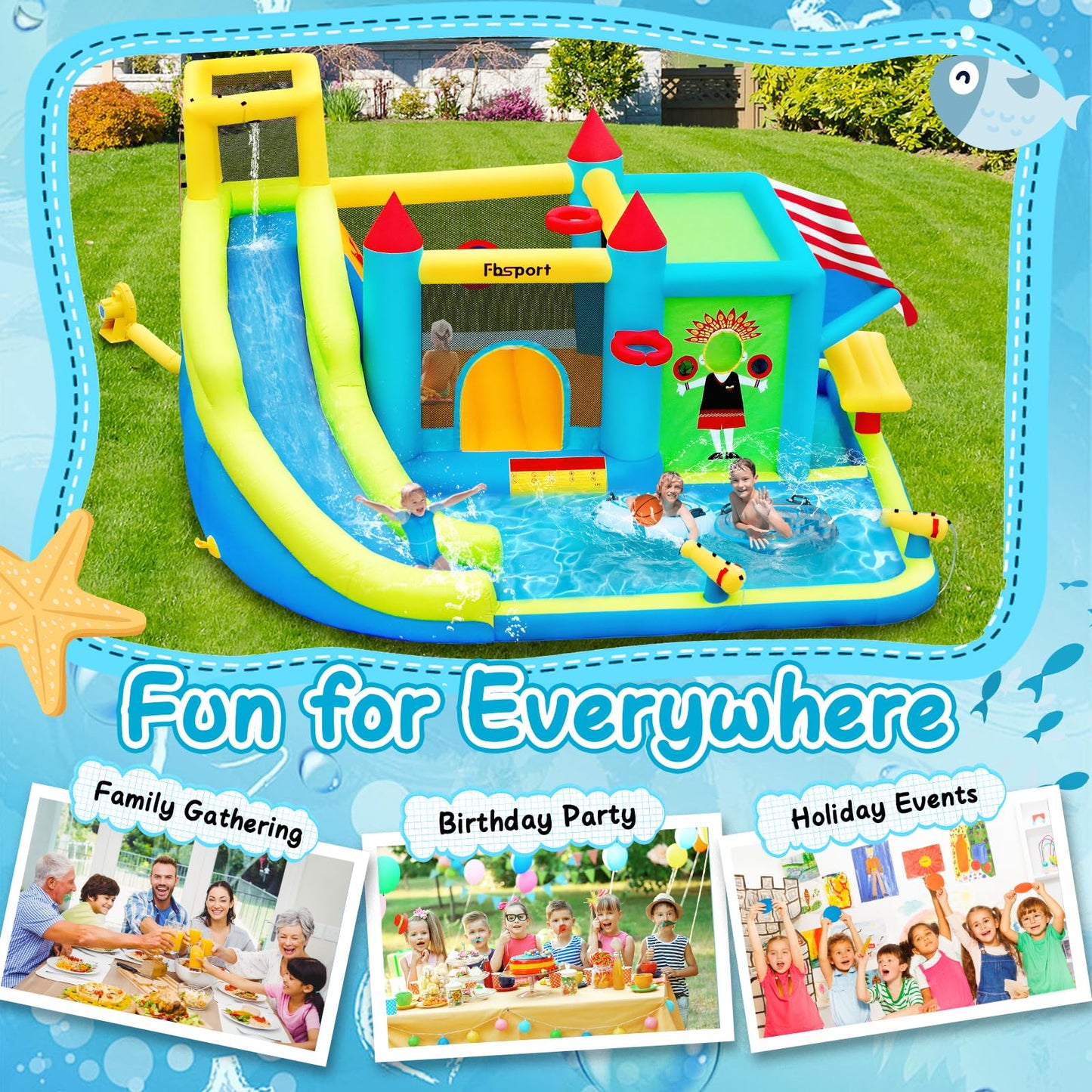 FBSPORT Inflatable Bounce House Water Slide, Bounce House for Kids with Toy Market Stand Splash Pool Bouncer Climbing Wall Water Gun Ball Dart, Bouncy Castle W/620W Blower for Outdoor Indoor, Green