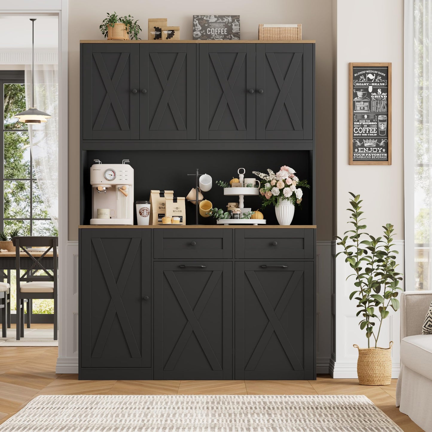 HOSTACK 71" H Kitchen Trash Can Hutch Cabinet, 12.5 Gallon Double Pull Out Garbage Can Hutch Cabinet with Trash Bin Storage Holders, 47" Wide Kitchen Pantry with Hidden Garbage Storage, Black