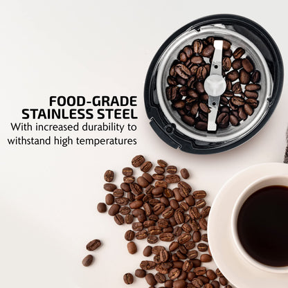 OVENTE Electric Coffee Grinder, Coffee Mill and Spice Grinder with 2.5oz Capacity, 150W Motor, One Touch Push-Button & Stainless Steel Blades for Uniform Grinding of Beans, Herb or Nuts, Black CG225B