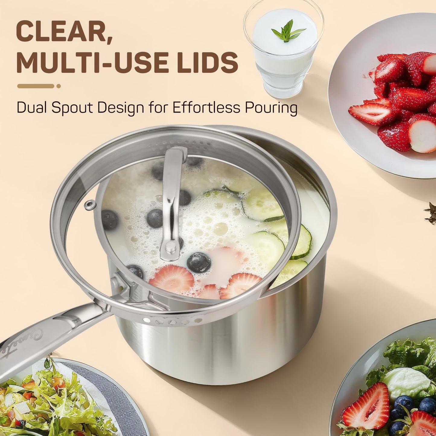 Ciwete 3 Qt Stainless Steel Saucepan with Glass Strainer Lid, 3 Quart Pot Stainless Steel Sauce Pan with Pour Spout, Mirror Polishing, Compatible with All Cooktops Dishwasher Safe Oven Safe