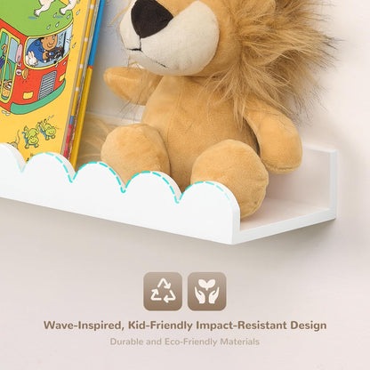 36 Inch Set 2, Fun Memories Scalloped Nursery Shelf, White Picture Ledge for Wall, of Kids Book Shelves with Floating