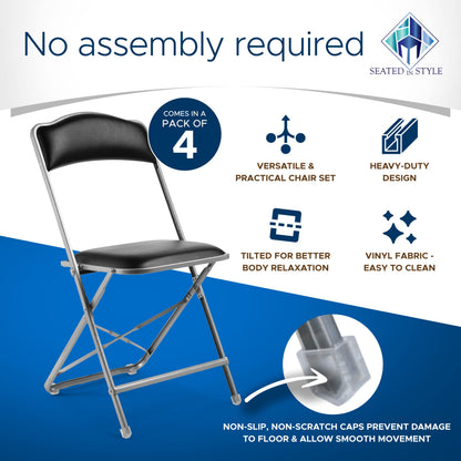 Gold Furnishings Premium Folding Chairs 4 Pack – Narrow 15” Seat, Padded Seat & Back – Folds Ultra Slim (~1 Inch) – Elegant Event Seating for Weddings, Parties & Dining Silver Frame Black Vinyl