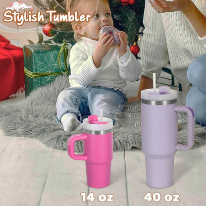 Cosictic 14 Oz Tumbler with Handle and Straw for Kids, Stainless Steel Double Wall Vacuum Insulated Cup for Children, 14 Oz Cups for Kids (Hot Pink)