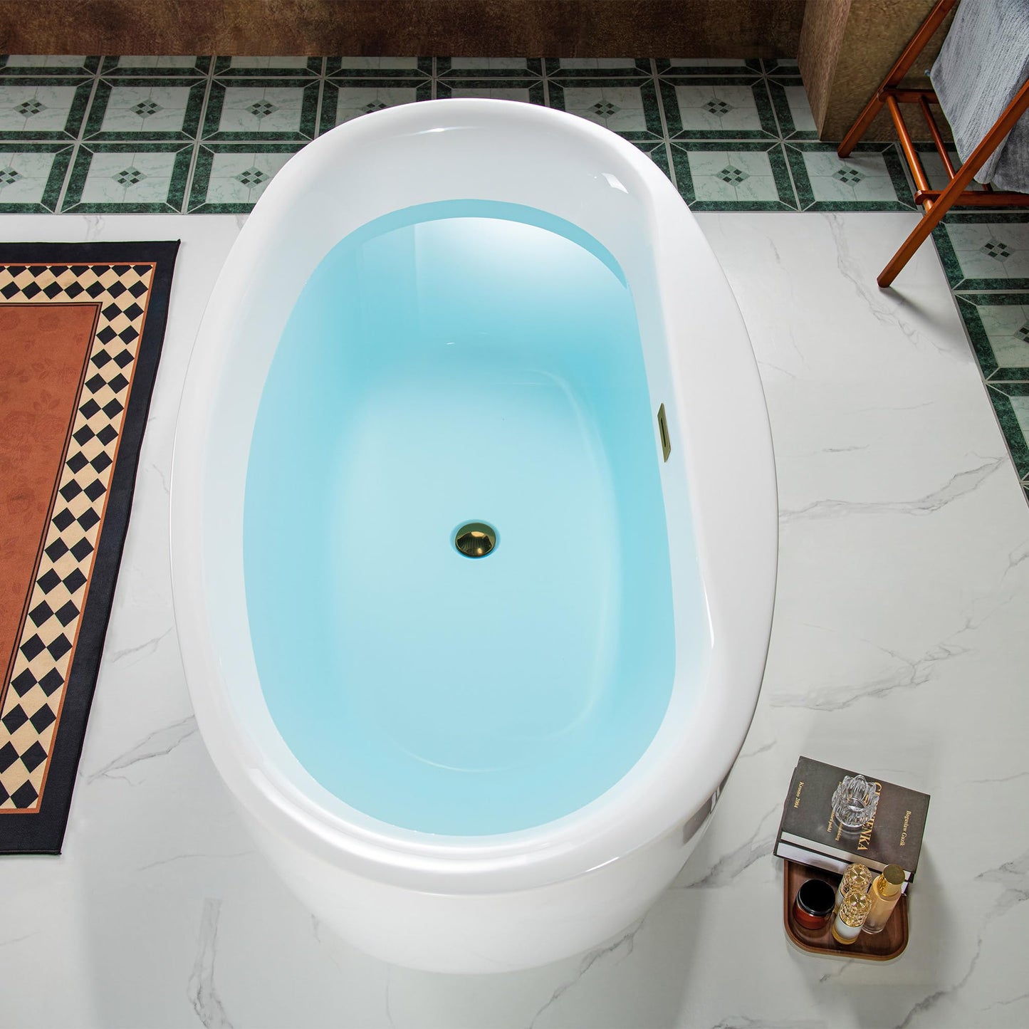 WOODBRIDGE 66" Acrylic Freestanding Bathtub Contemporary Soaking White Tub with Brushed Gold Overflow and Drain，B0027-BG