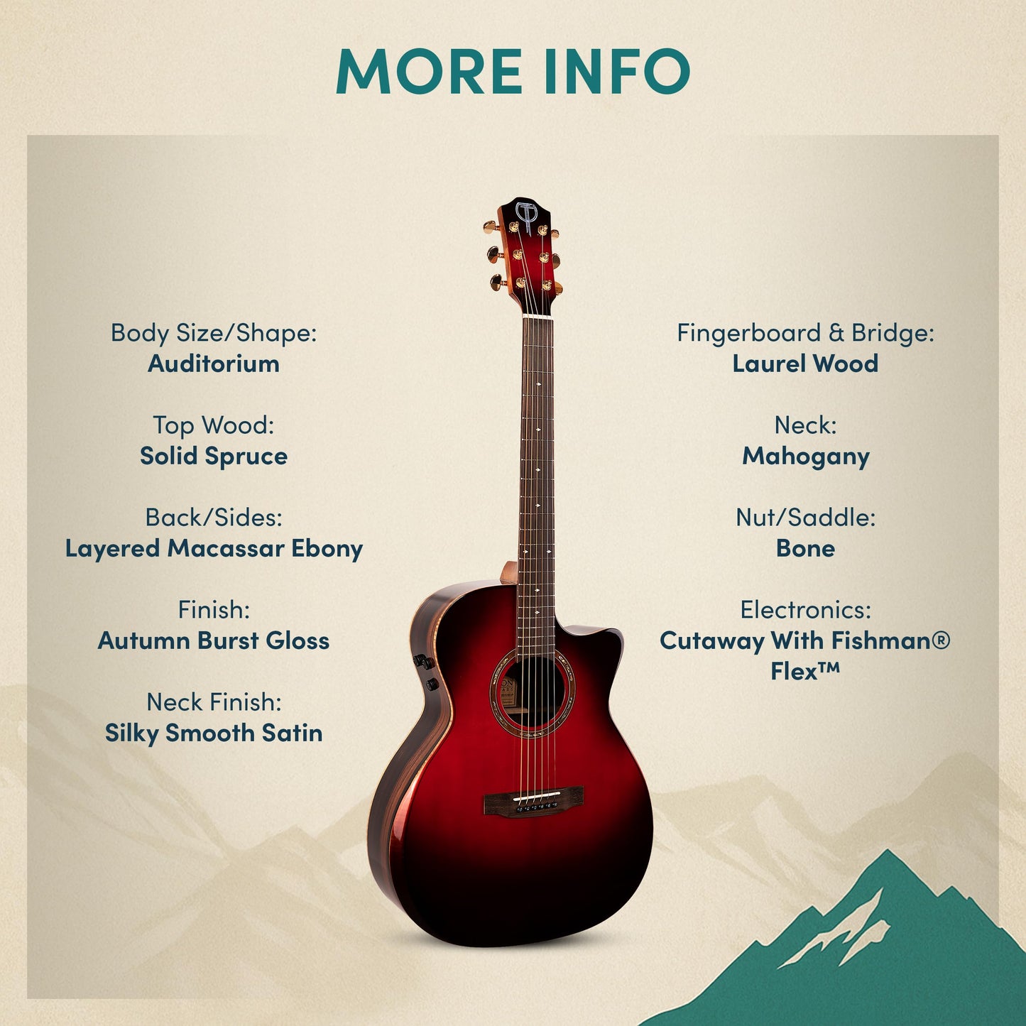 Teton Auditorium Acoustic Electric Guitar, Wooden, Solid Spruce Top, Mahogany Neck, Laurel Wood Fingerboard and Bridge, STA180CEAB-AR