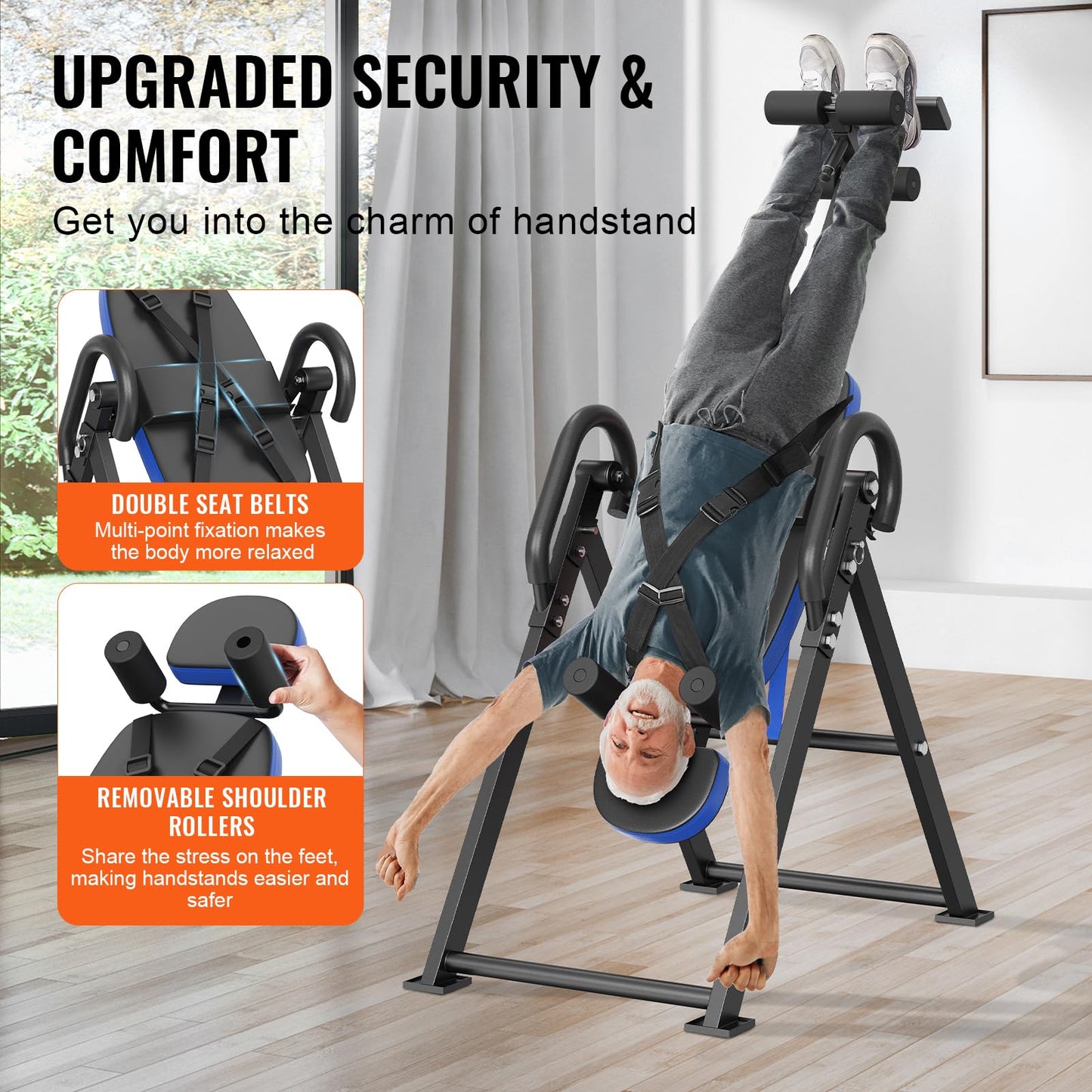 Happybuy Inversion Table, 300 lbs Capacity Heavy Duty Decompression Back Stretcher, Strength Training Equipment with Headrest, Ankle Lock & Adjustable Protective Belt, Blue/Black