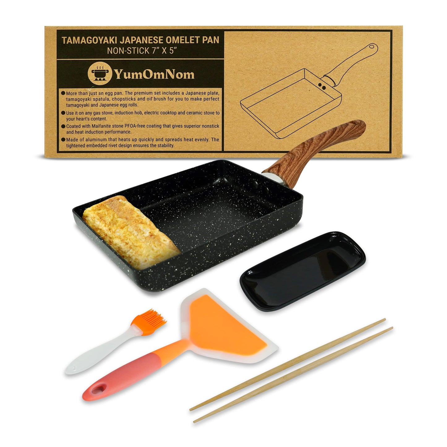 YumOmNom Tamagoyaki Pan – Japanese Nonstick Egg Cookware, Rectangle Frying Pan for Omelettes & Rolls – Kitchen Accessories (Without Lid)