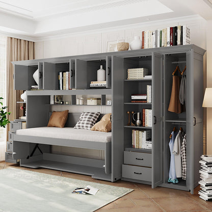 DNYN Murphy Bed with Top Cabinets and Wardrobe, Space-Saving Foldable Wall Bed Frame with Storage Drawers/Shelves/Desk for Bedroom Guest/Study Room, No Box Spring Needed