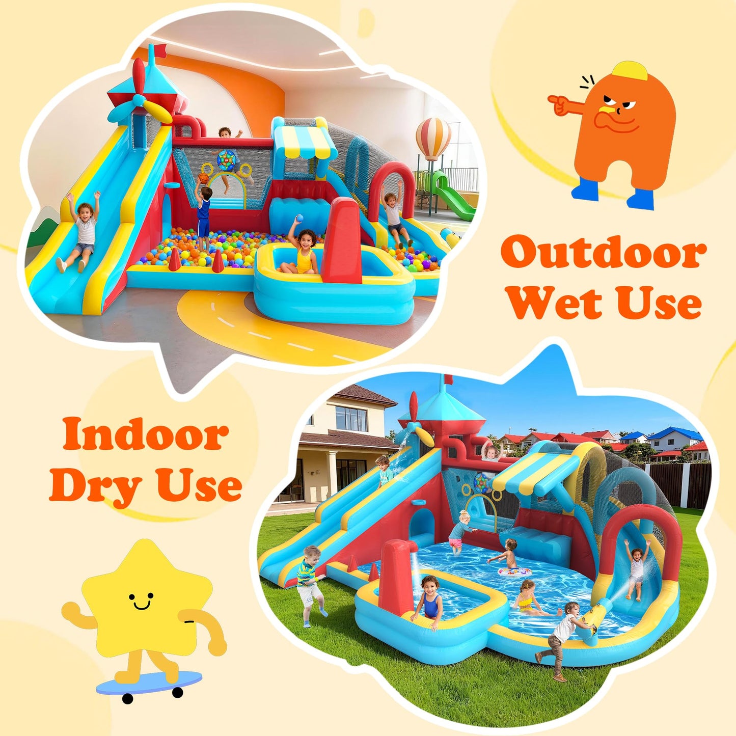 Inflatable Bounce House with Double Slide, Water Slide with Jumping Area, 10 in 1 Large Bounce Castle, Splash Pool, Climbing Wall, Toy Stand, Water Cannon, Basketball, Tunnel, Outdoor, Indoor, Blue